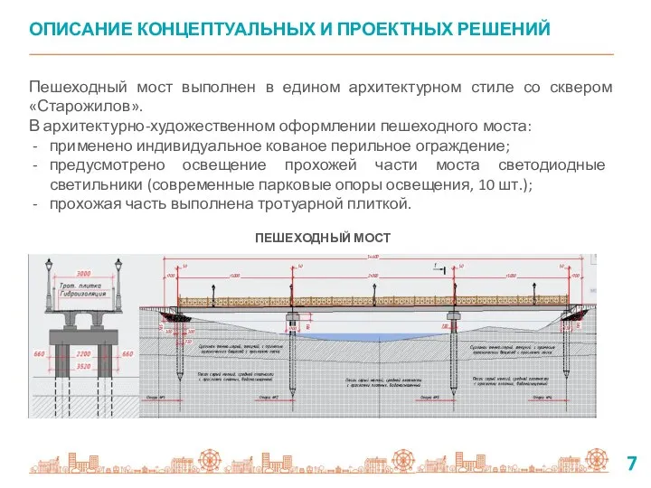 7 ОПИСАНИЕ КОНЦЕПТУАЛЬНЫХ И ПРОЕКТНЫХ РЕШЕНИЙ Пешеходный мост выполнен в едином