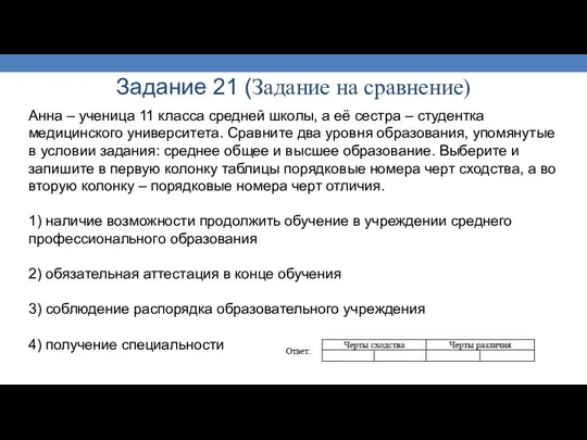 Задание 21 (Задание на сравнение) Анна – ученица 11 класса средней