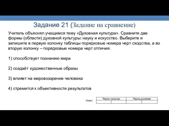 Задание 21 (Задание на сравнение) Учитель объяснял учащимся тему «Духовная культура».