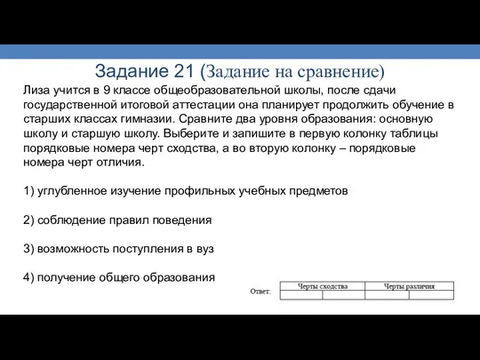 Задание 21 (Задание на сравнение) Лиза учится в 9 классе общеобразовательной