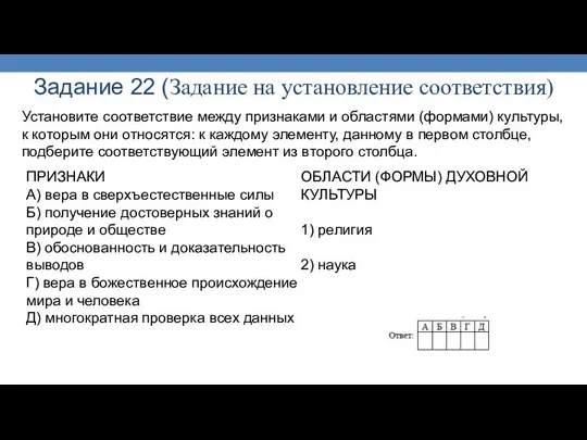 Задание 22 (Задание на установление соответствия) Установите соответствие между признаками и