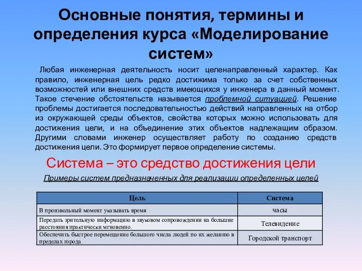 Основные понятия, термины и определения курса «Моделирование систем» Любая инженерная деятельность