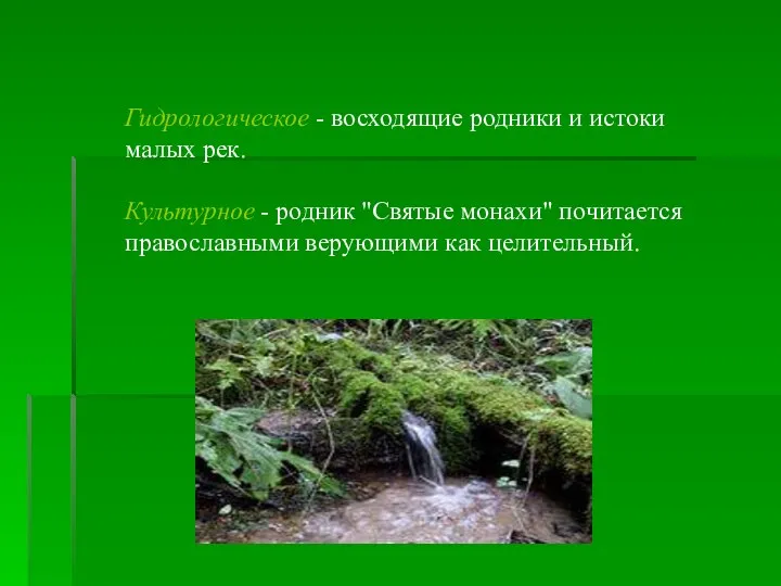 Гидрологическое - восходящие родники и истоки малых рек. Культурное - родник