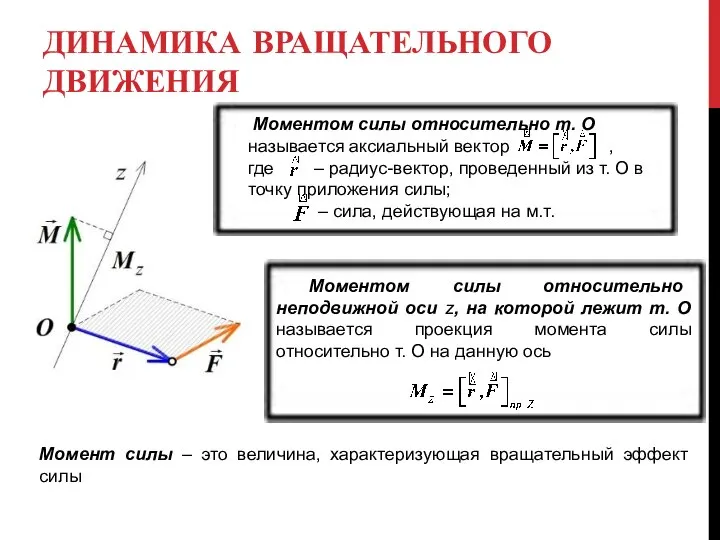 ДИНАМИКА ВРАЩАТЕЛЬНОГО ДВИЖЕНИЯ Моментом силы относительно т. О называется аксиальный вектор