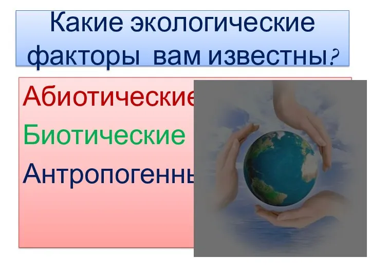 Какие экологические факторы вам известны? Абиотические Биотические Антропогенные