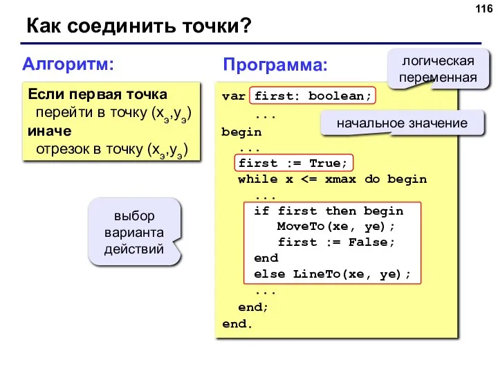 Как соединить точки? Алгоритм: Если первая точка перейти в точку (xэ,yэ)