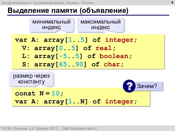 Выделение памяти (объявление) var A: array[1..5] of integer; V: array[0..5] of
