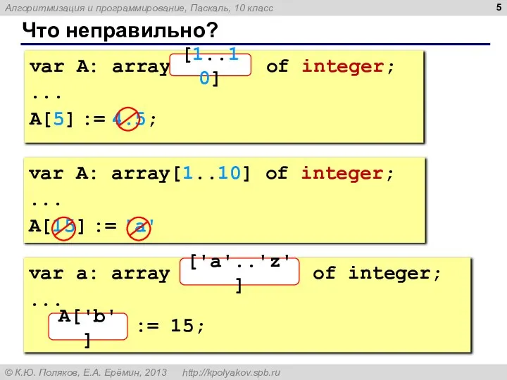 Что неправильно? var A: array[10..1] of integer; ... A[5] := 4.5;
