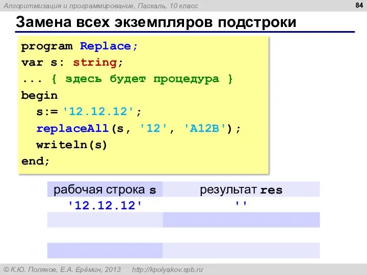 Замена всех экземпляров подстроки program Replace; var s: string; ... {