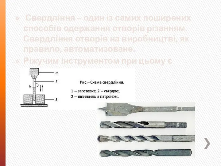 Свердління – один із самих поширених способів одержання отворів різанням. Свердління