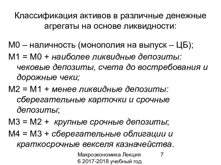 Макроэкономика Лекция 6 2017-2018 учебный год Классификация активов в различные денежные