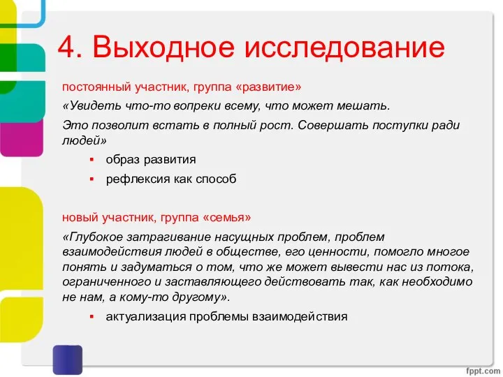 4. Выходное исследование постоянный участник, группа «развитие» «Увидеть что-то вопреки всему,