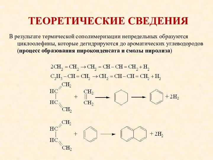 ТЕОРЕТИЧЕСКИЕ СВЕДЕНИЯ В результате термической сополимеризации непредельных образуются циклоолефины, которые дегидрируются