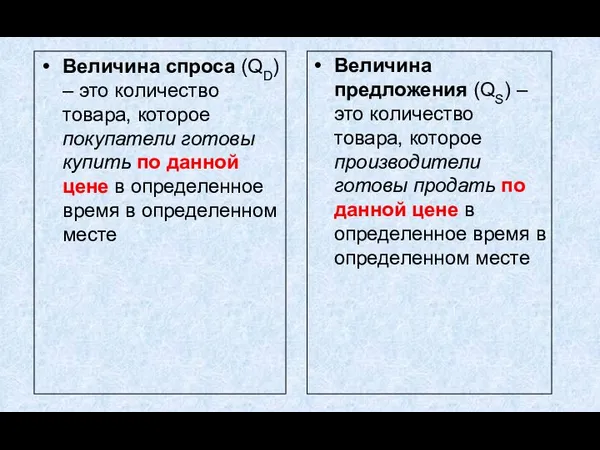 Величина спроса (QD) – это количество товара, которое покупатели готовы купить