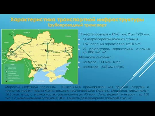 Характеристика транспортной инфраструктуры Трубопроводный транспорт 19 нефтепроводов – 4767,1 км, Ø