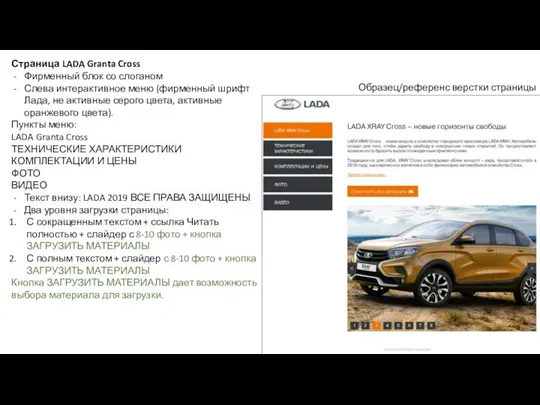 Страница LADA Granta Cross Фирменный блок со слоганом Слева интерактивное меню