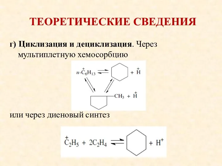 ТЕОРЕТИЧЕСКИЕ СВЕДЕНИЯ г) Циклизация и дециклизация. Через мультиплетную хемосорбцию или через диеновый синтез