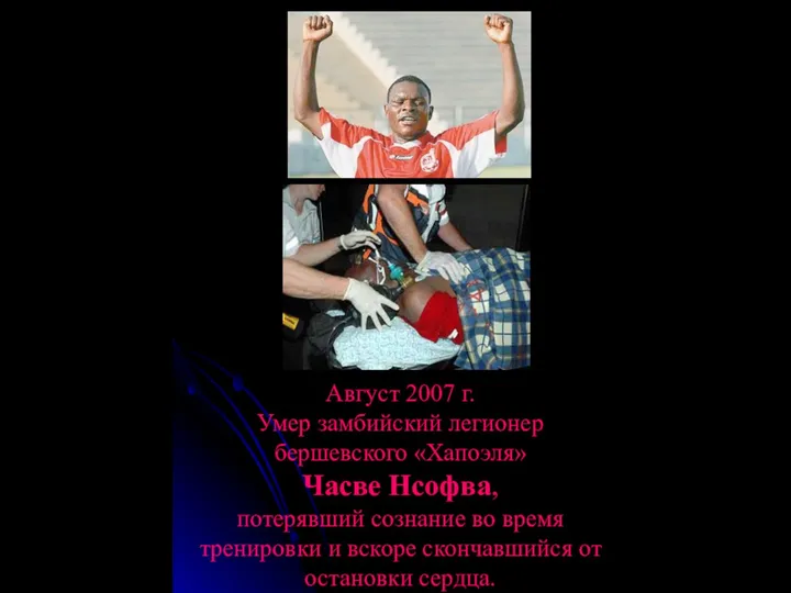 Август 2007 г. Умер замбийский легионер бершевского «Хапоэля» Часве Нсофва, потерявший