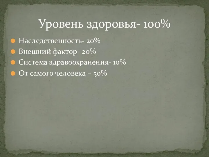 Наследственность- 20% Внешний фактор- 20% Система здравоохранения- 10% От самого человека – 50% Уровень здоровья- 100%