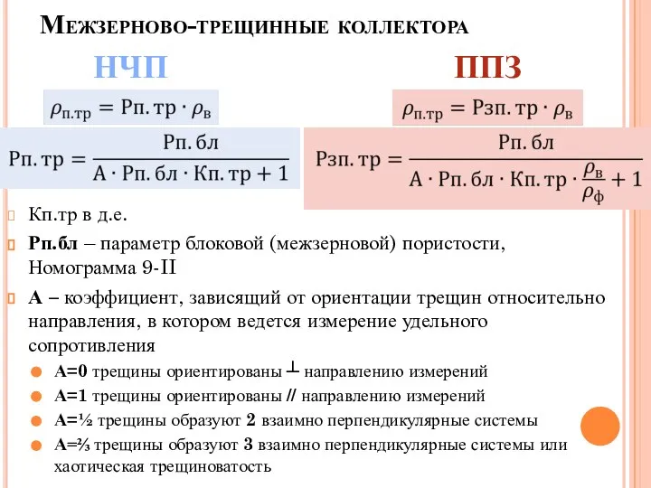 Межзерново-трещинные коллектора Кп.тр в д.е. Рп.бл – параметр блоковой (межзерновой) пористости,