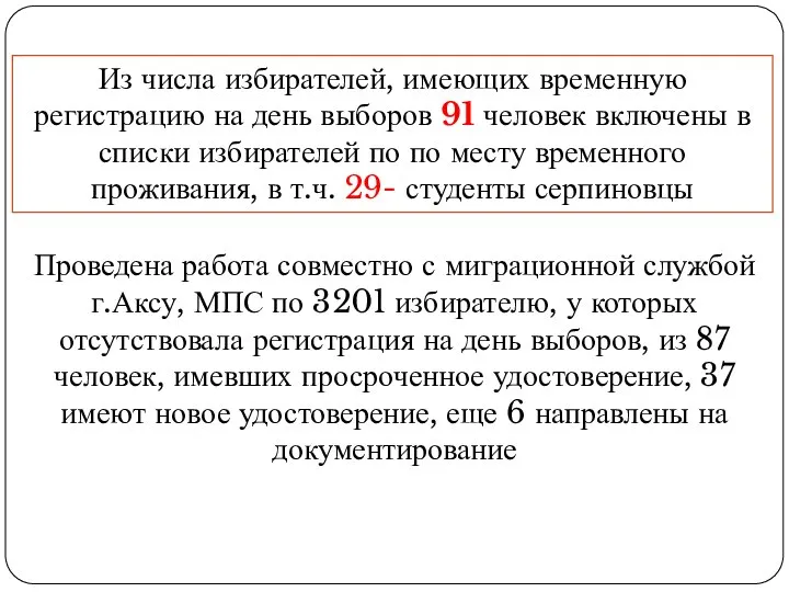 Из числа избирателей, имеющих временную регистрацию на день выборов 91 человек