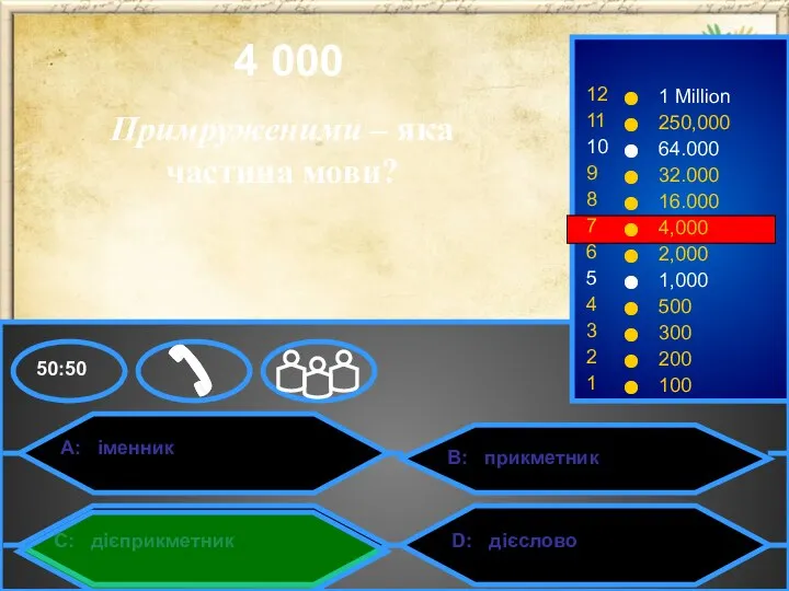 A: іменник C: дієприкметник B: прикметник D: дієслово 50:50 4 000