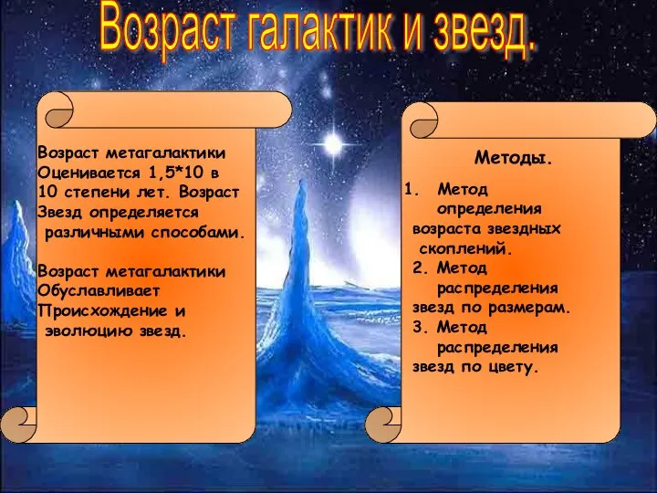 Возраст галактик и звезд. Возраст метагалактики Оценивается 1,5*10 в 10 степени