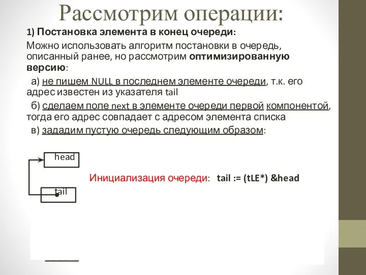 Рассмотрим операции: 1) Постановка элемента в конец очереди: Можно использовать алгоритм