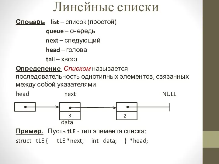 Словарь list – список (простой) queue – очередь next – следующий