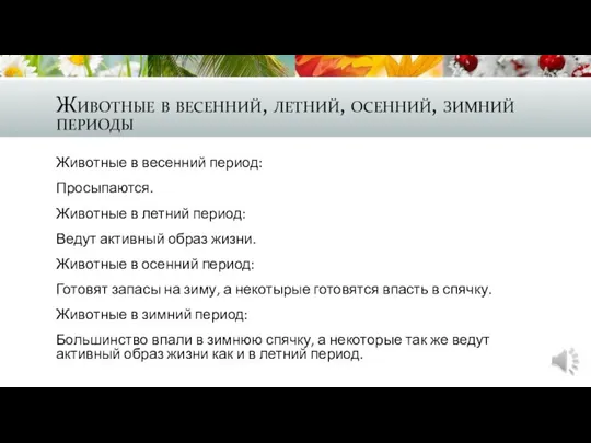 Животные в весенний, летний, осенний, зимний периоды Животные в весенний период: