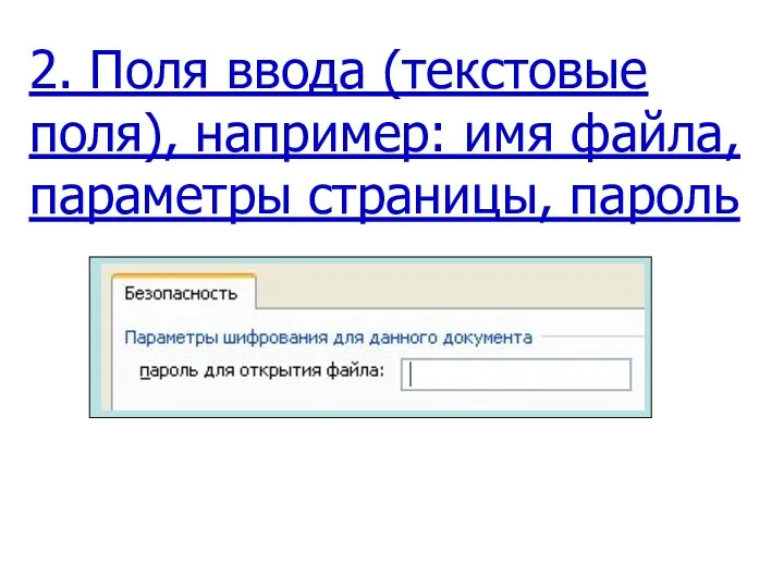 2. Поля ввода (текстовые поля), например: имя файла, параметры страницы, пароль