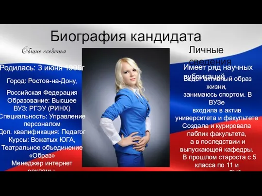 Биография кандидата Личные сведения Родилась: 3 июня 1996г Город: Ростов-на-Дону, Российская