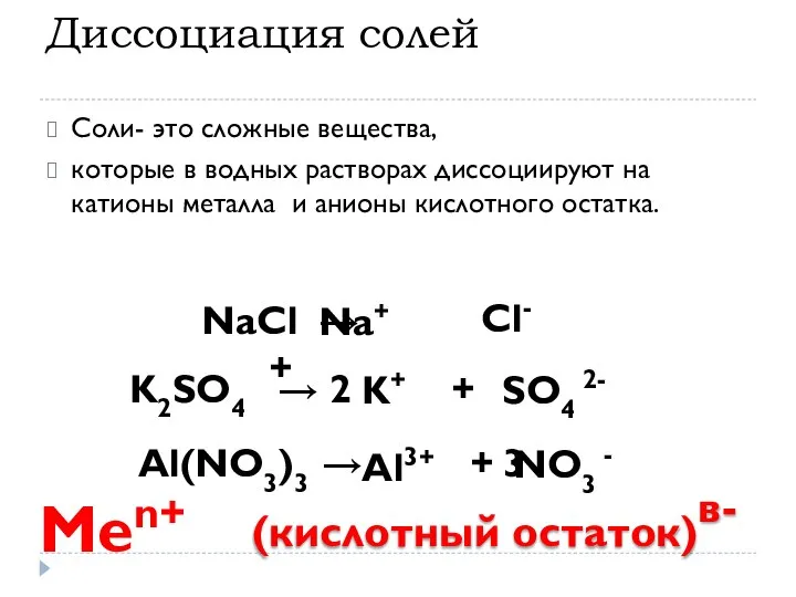 Диссоциация солей Соли- это сложные вещества, которые в водных растворах диссоциируют