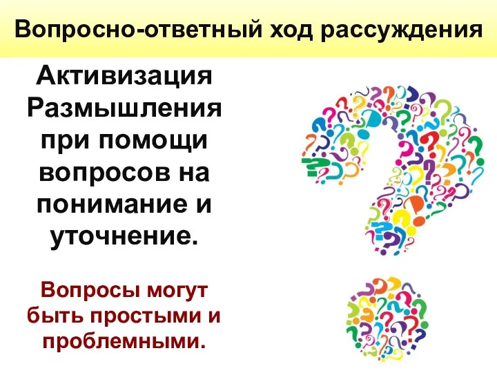 Вопросно-ответный ход рассуждения Активизация Размышления при помощи вопросов на понимание и