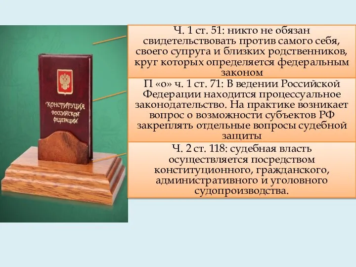 Ч. 1 ст. 51: никто не обязан свидетельствовать против самого себя,