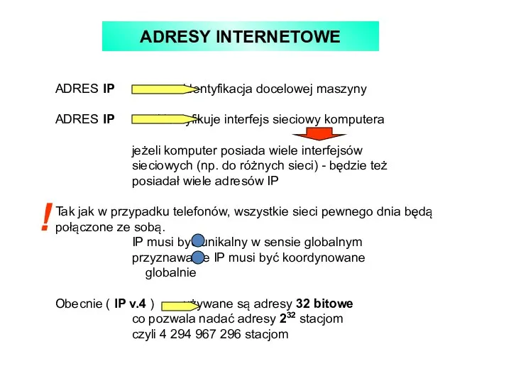 ADRESY INTERNETOWE ADRES IP identyfikacja docelowej maszyny ADRES IP identyfikuje interfejs