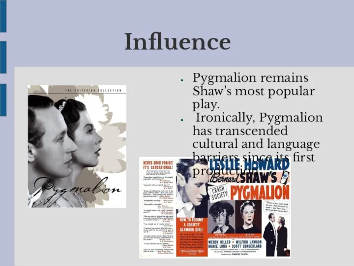 Influence Pygmalion remains Shaw's most popular play. Ironically, Pygmalion has transcended