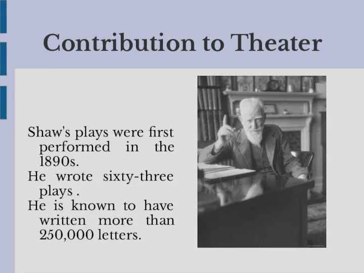 Contribution to Theater Shaw's plays were first performed in the 1890s.