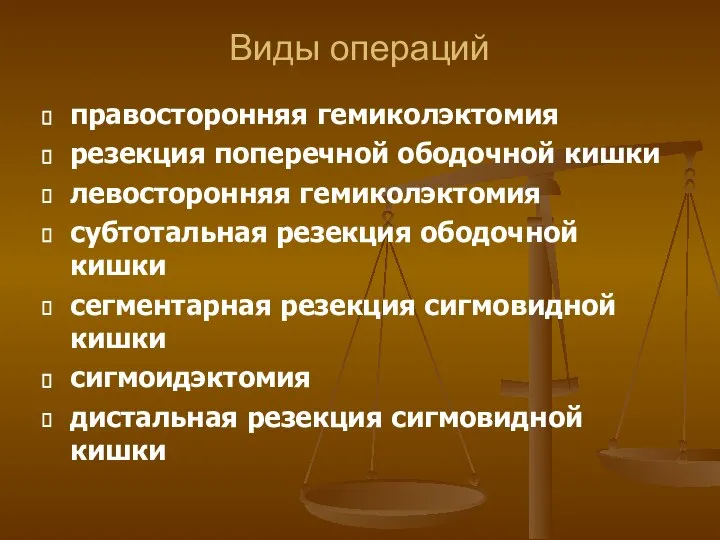 Виды операций правосторонняя гемиколэктомия резекция поперечной ободочной кишки левосторонняя гемиколэктомия субтотальная