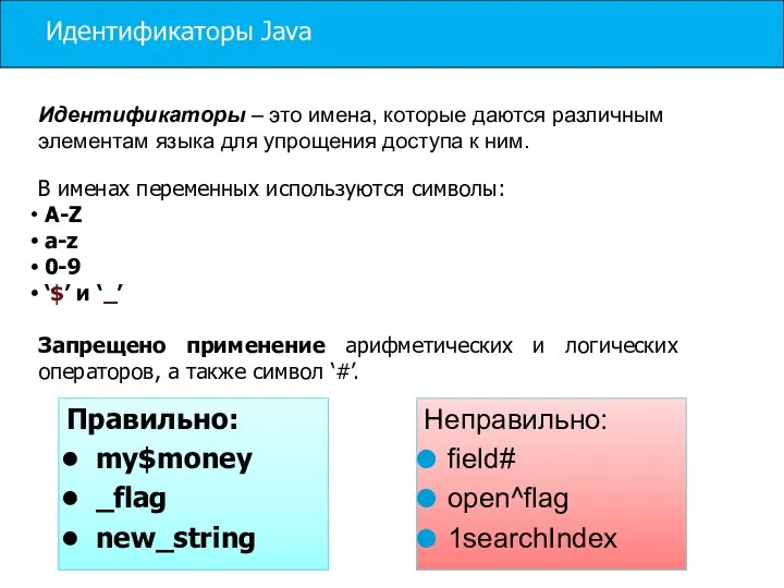 Идентификаторы Java Идентификаторы – это имена, которые даются различным элементам языка