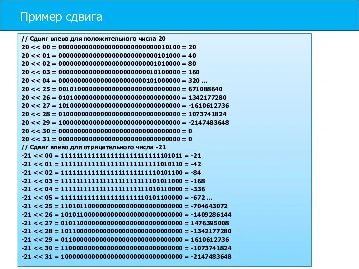 Пример сдвига // Сдвиг влево для положительного числа 20 20 20