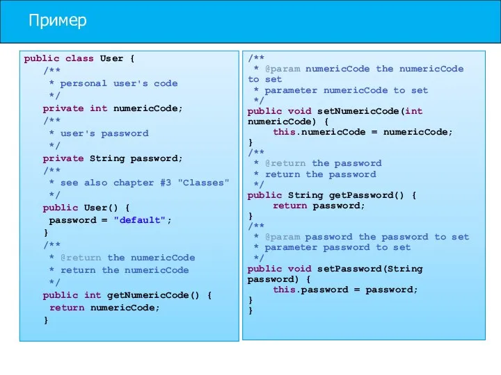 Пример public class User { /** * personal user's code */