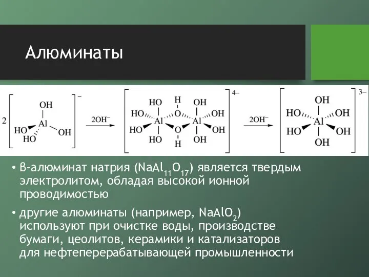 Алюминаты β-алюминат натрия (NaAl11O17) является твердым электролитом, обладая высокой ионной проводимостью
