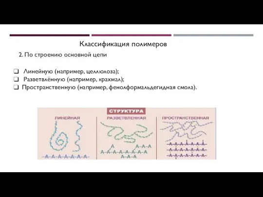 Классификация полимеров 2. По строению основной цепи Линейную (например, целлюлоза); Разветвлённую