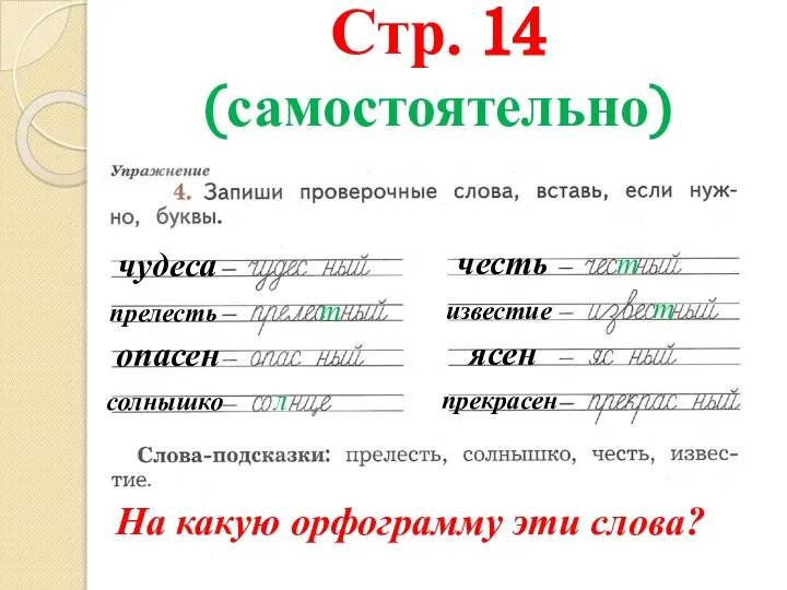 Стр. 14 (самостоятельно) На какую орфограмму эти слова? чудеса прелесть опасен