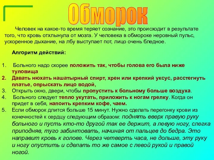 Алгоритм действий: Больного надо скорее положить так, чтобы голова его была