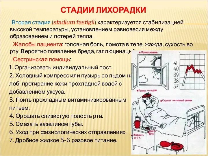 Вторая стадия (stadium fastigii) характеризуется стабилизацией высокой температуры, установлением равновесия между