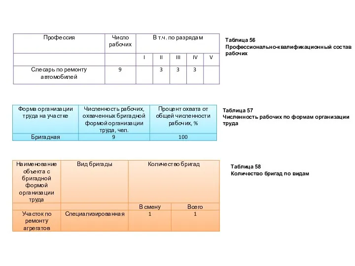 Таблица 56 Профессионально-квалификационный состав рабочих Таблица 57 Численность рабочих по формам