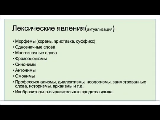 Лексические явления(актуализация) Морфемы (корень, приставка, суффикс) Однозначные слова Многозначные слова Фразеологизмы