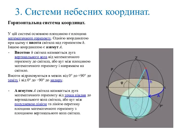 3. Системи небесних координат. Горизонтальна система координат. У цій системі основною